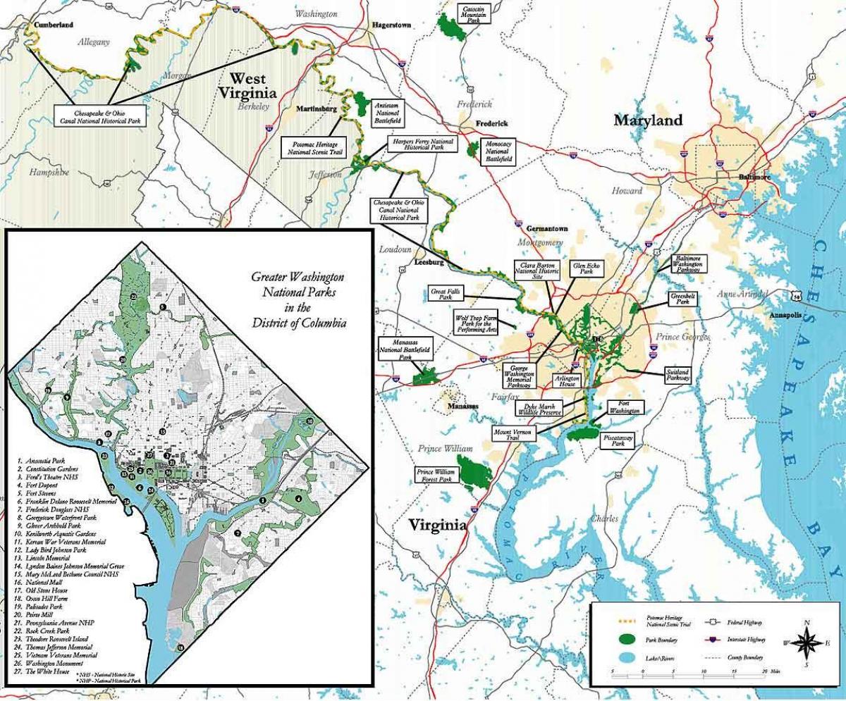 карта Вашынгтона, DC Нацыянальны паркі
